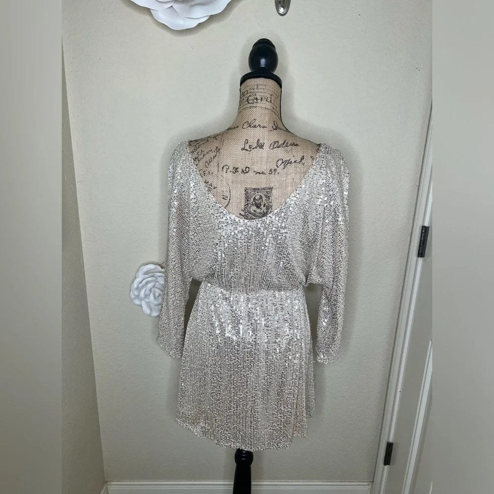 NTM: Silver Sequin Mini Dress Surplice V-Neck Long Sleeve Cocktail Holiday Glam - Picture 12 of 16